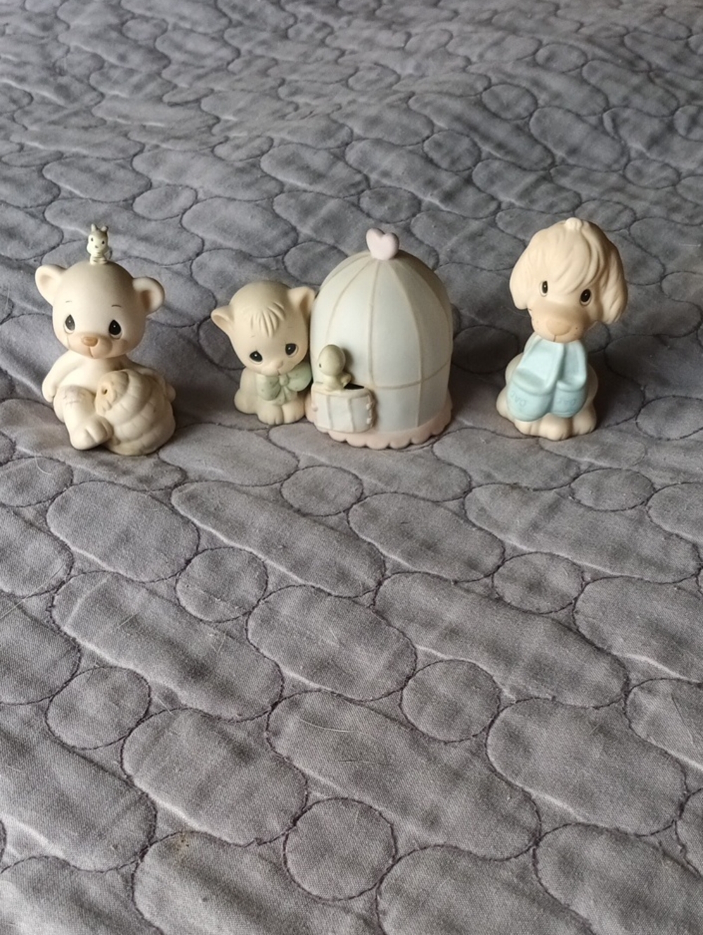 Precious Moments Cat With Bird Cage, Puppy With Slippers, Bear With Honey